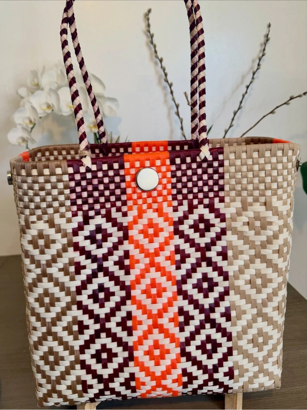 Woven Tote Bag in Beige, Burgundy & Neon Orange